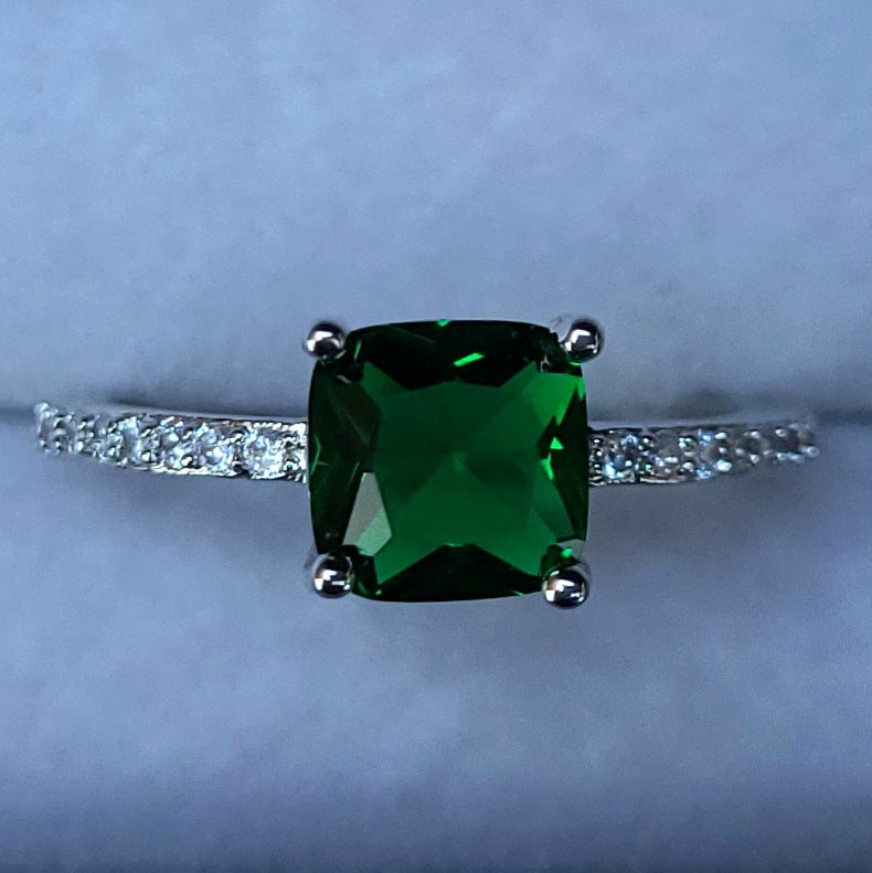 Emerald Green Square Sapphire Sterling Silver Plated Ladies Ring- Sizes 6.75, 7, 7.75, 8, 9, 9.5