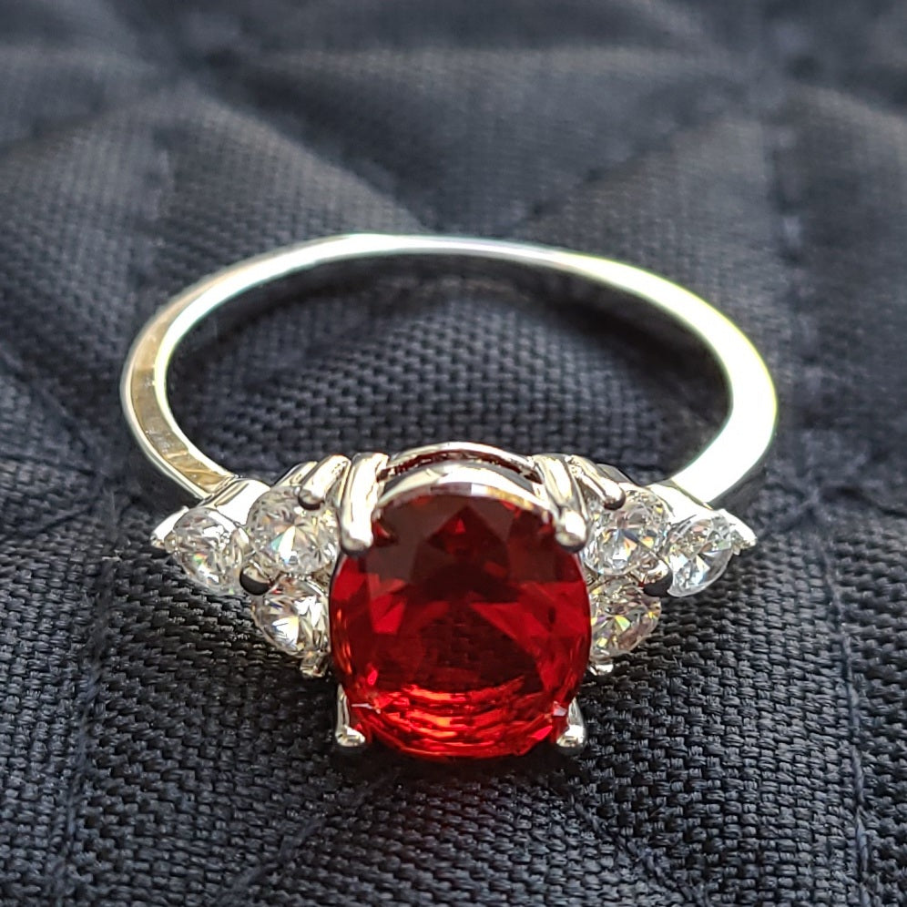 Ruby Red Oval Sapphire Sterling Silver Plated Ladies Ring- Sizes 6, 7, 8, 9