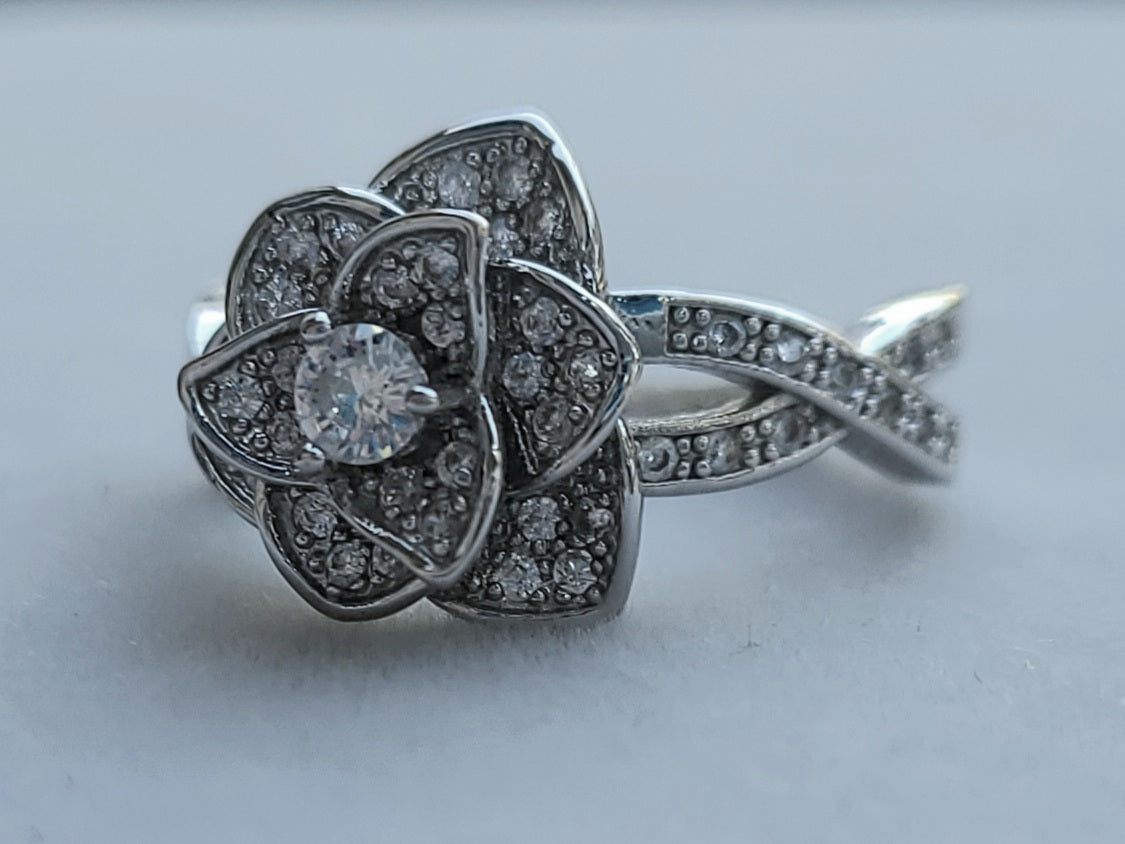 White Sapphire Rose Sterling Silver Plated Ladies Ring- Sizes 6, 6.75, 7, 9, 9.25