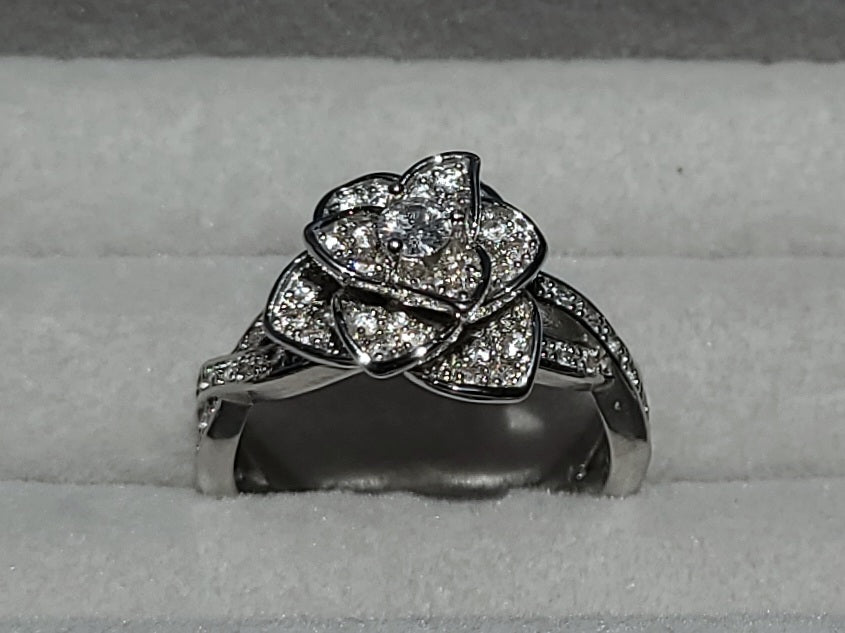 White Sapphire Rose Sterling Silver Plated Ladies Ring- Sizes 6, 6.75, 7, 9, 9.25