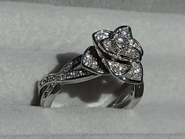 White Sapphire Rose Sterling Silver Plated Ladies Ring- Sizes 6, 6.75, 7, 9, 9.25