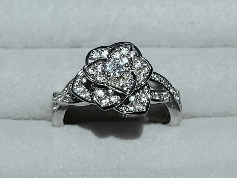 White Sapphire Rose Sterling Silver Plated Ladies Ring- Sizes 6, 6.75, 7, 9, 9.25