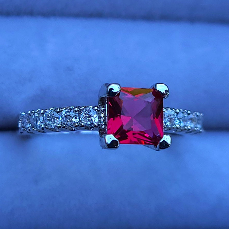 Ruby Red Square Sapphire Sterling Silver Plated Ladies Ring- Sizes 6, 6.75, 7, 8, 8.25, 8.75, 9, 9.25