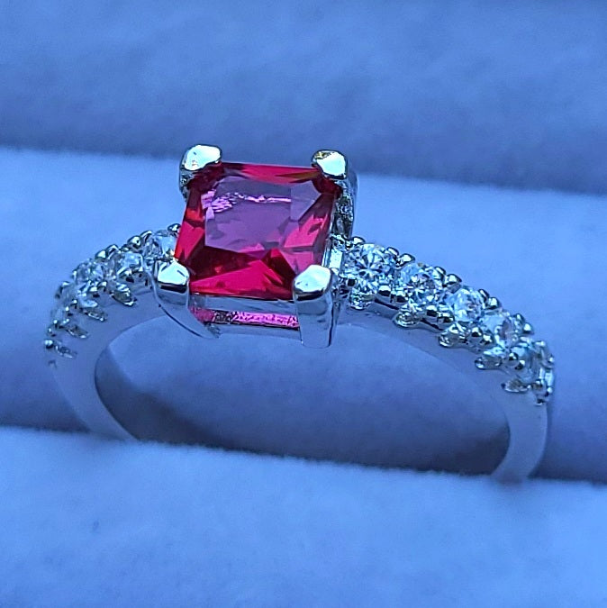Ruby Red Square Sapphire Sterling Silver Plated Ladies Ring- Sizes 6, 6.75, 7, 8, 8.25, 8.75, 9, 9.25
