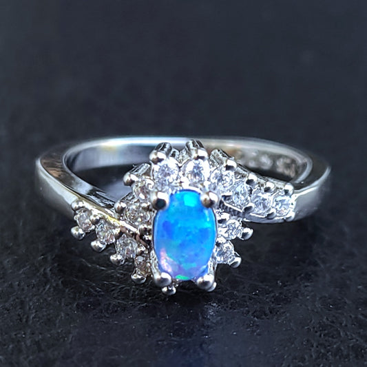 Oval Blue Opal with Swirly Sapphires Sterling Silver Plated Ladies Ring- Sizes 6, 7, 8, 8.25