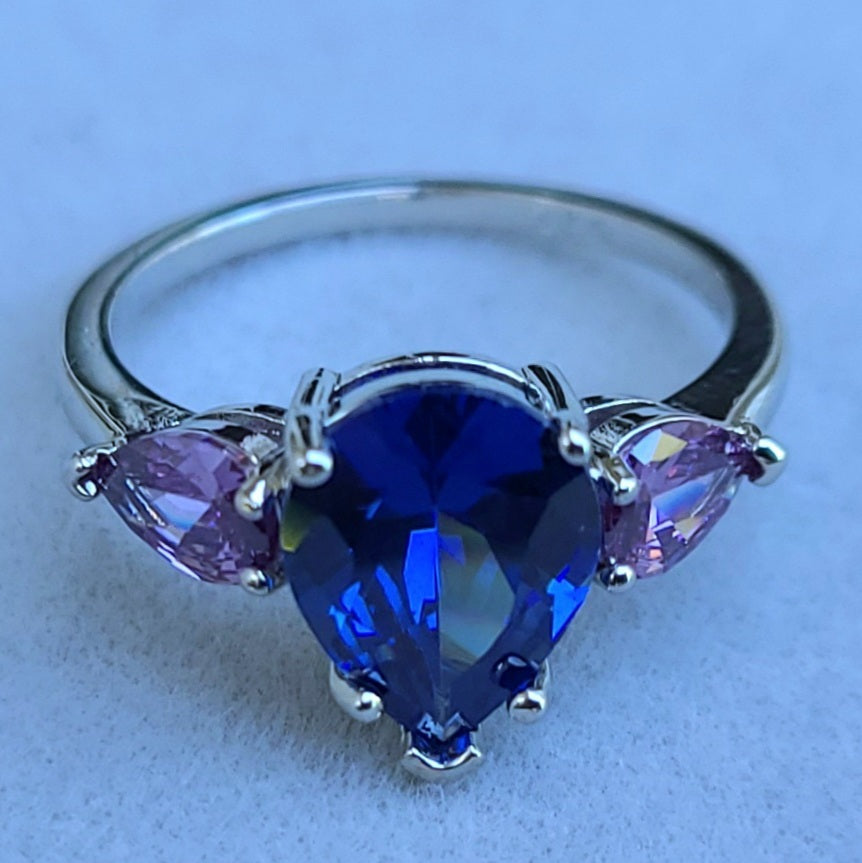Pear Shaped Blue Sapphire and Amethyst Sterling Silver Plated Ladies Ring- Sizes 6, 6.75, 7, 8, 8.25, 9, 9.25