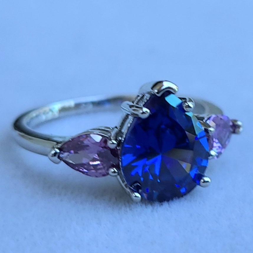 Pear Shaped Blue Sapphire and Amethyst Sterling Silver Plated Ladies Ring- Sizes 6, 6.75, 7, 8, 8.25, 9, 9.25