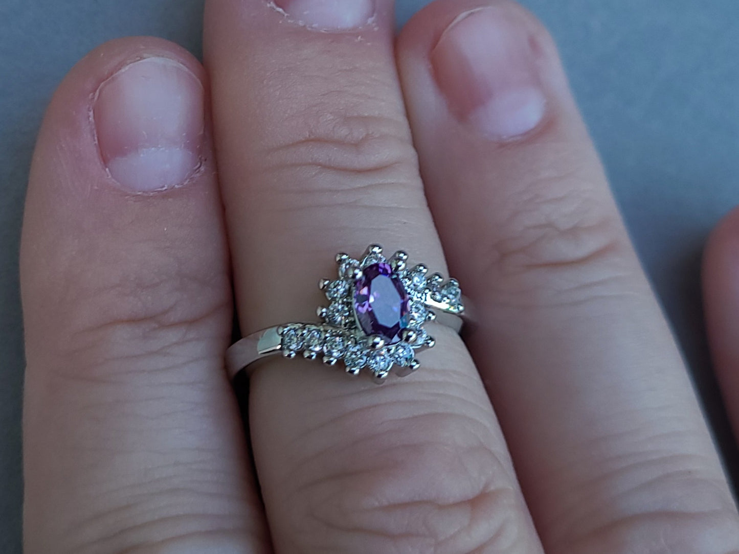 Purple Oval Amethyst and Swirly Sapphires Sterling Silver Plated Ladies Ring- Sizes 6, 7.25, 9