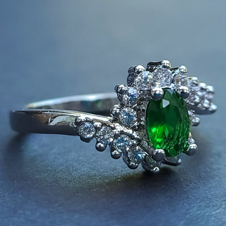 Emerald Green Oval Sapphire Swirly Sterling Silver Plated Ladies Ring- Sizes 6, 6.25, 7, 8, 8.25, 9