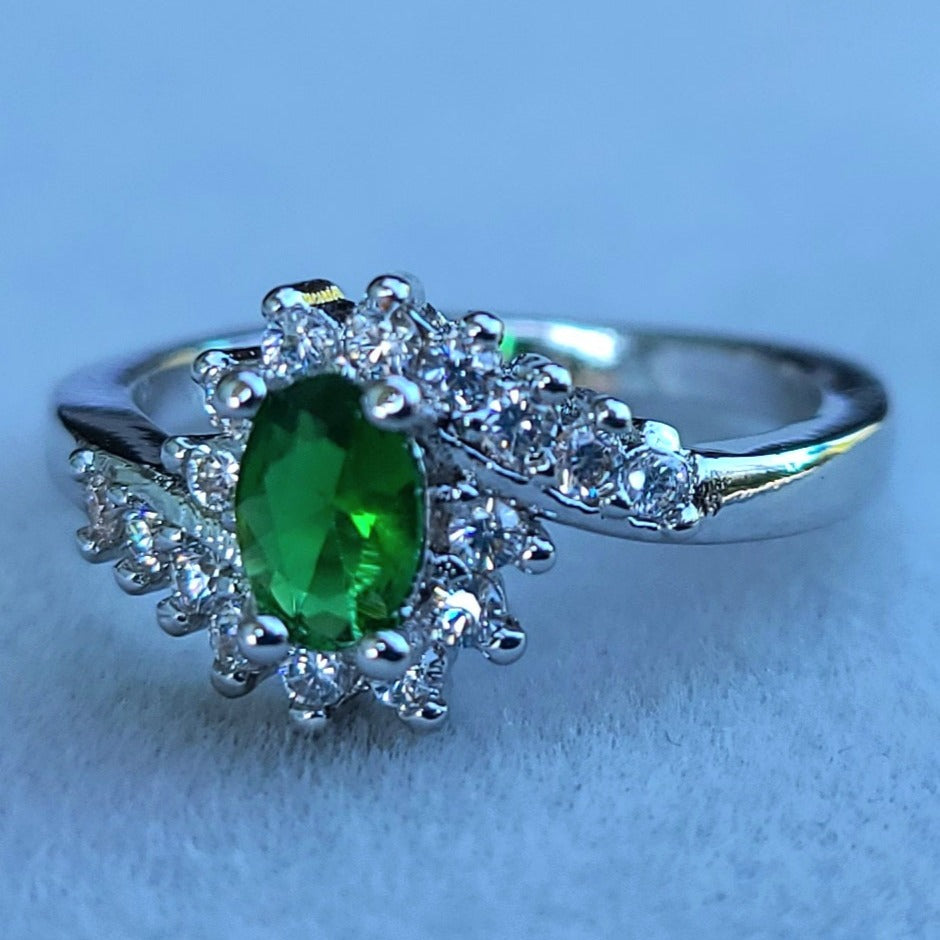 Emerald Green Oval Sapphire Swirly Sterling Silver Plated Ladies Ring- Sizes 6, 6.25, 7, 8, 8.25, 9