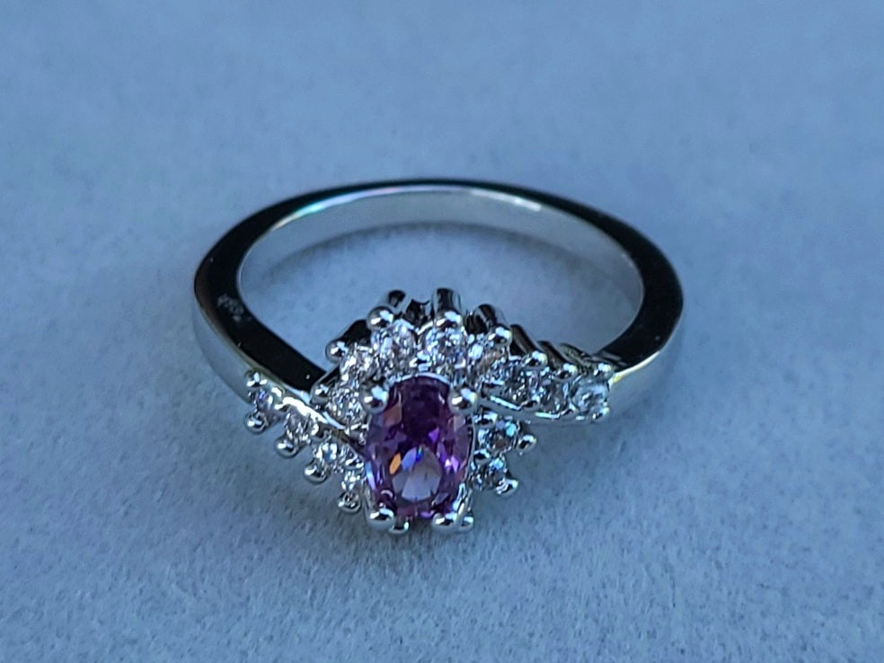 Purple Oval Amethyst and Swirly Sapphires Sterling Silver Plated Ladies Ring- Sizes 6, 7.25, 9