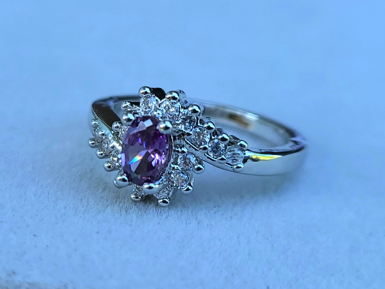 Purple Oval Amethyst and Swirly Sapphires Sterling Silver Plated Ladies Ring- Sizes 6, 7.25, 9