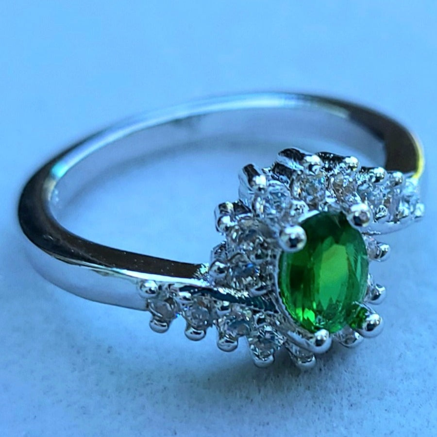 Emerald Green Oval Sapphire Swirly Sterling Silver Plated Ladies Ring- Sizes 6, 6.25, 7, 8, 8.25, 9