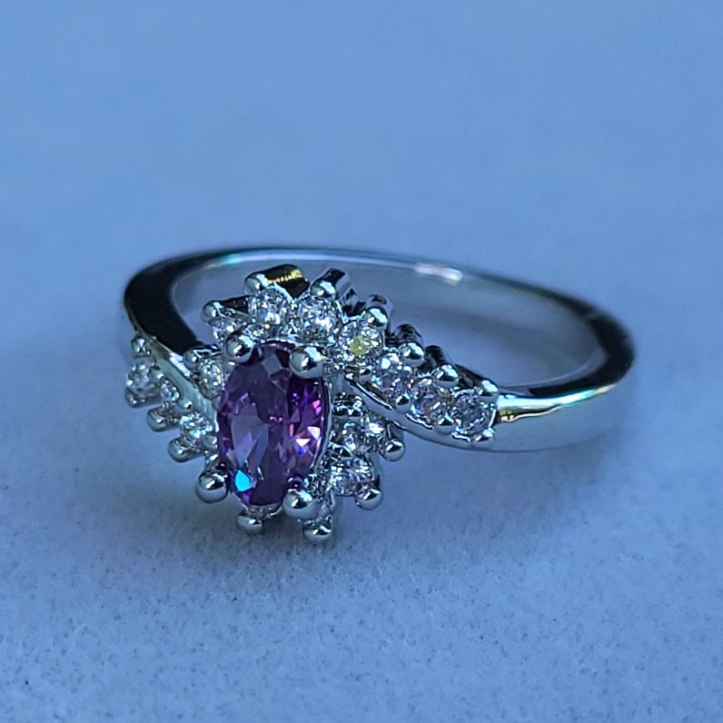 Purple Oval Amethyst and Swirly Sapphires Sterling Silver Plated Ladies Ring- Sizes 6, 7.25, 9