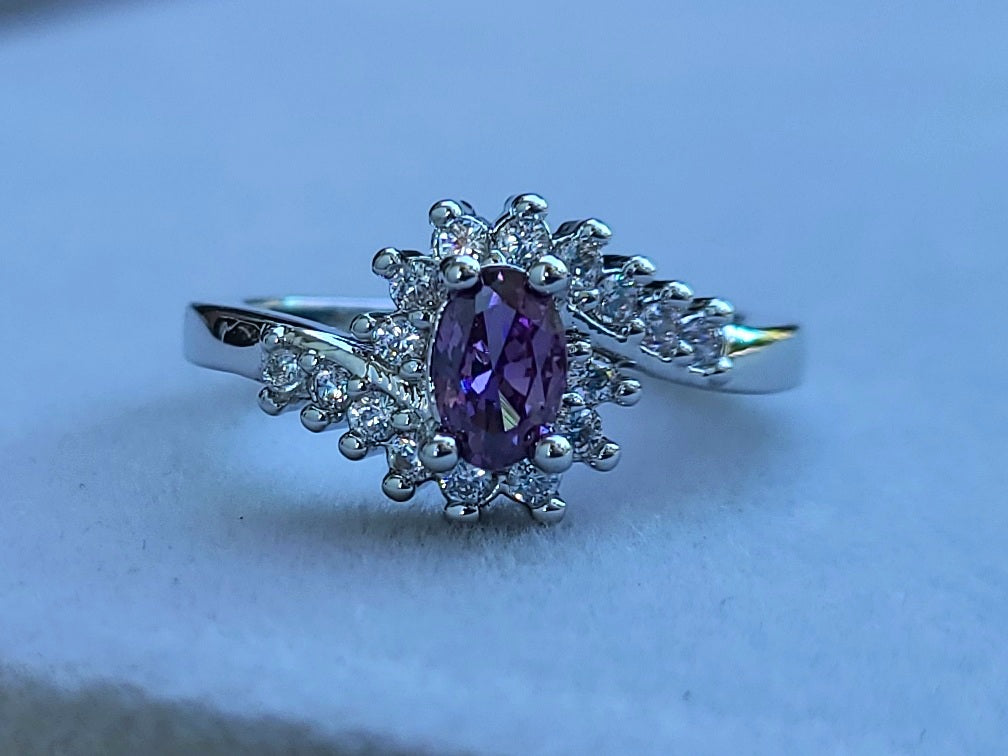 Purple Oval Amethyst and Swirly Sapphires Sterling Silver Plated Ladies Ring- Sizes 6, 7.25, 9