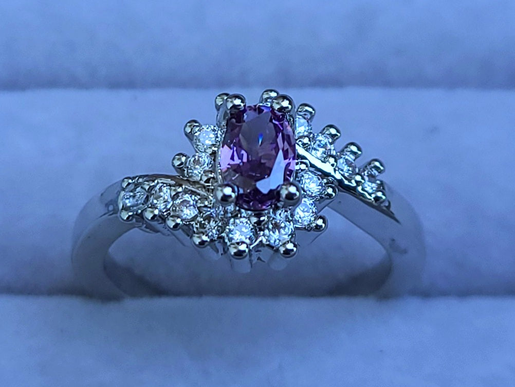 Purple Oval Amethyst and Swirly Sapphires Sterling Silver Plated Ladies Ring- Sizes 6, 7.25, 9