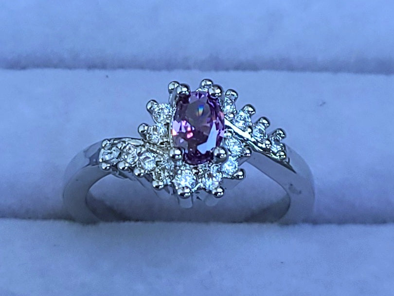 Purple Oval Amethyst and Swirly Sapphires Sterling Silver Plated Ladies Ring- Sizes 6, 7.25, 9