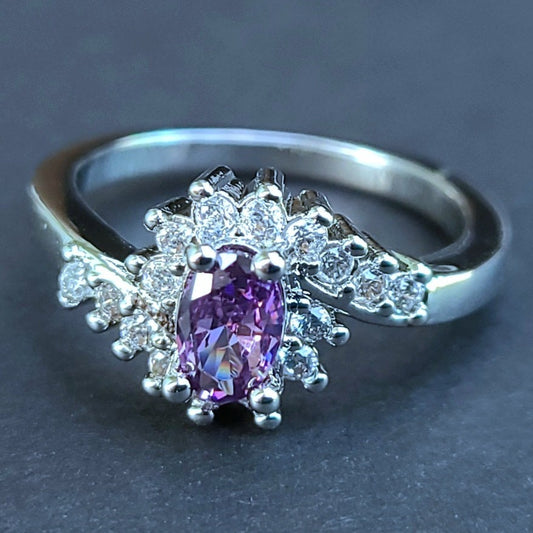Purple Oval Amethyst and Swirly Sapphires Sterling Silver Plated Ladies Ring- Sizes 6, 7.25, 9