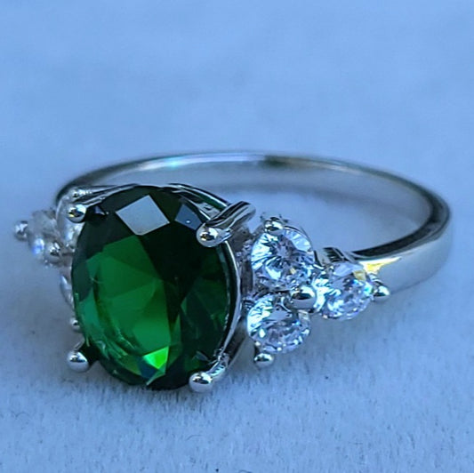 Emerald Green Oval Sapphire Sterling Silver Plated Ladies Ring- Sizes 6, 7, 8, 9.25