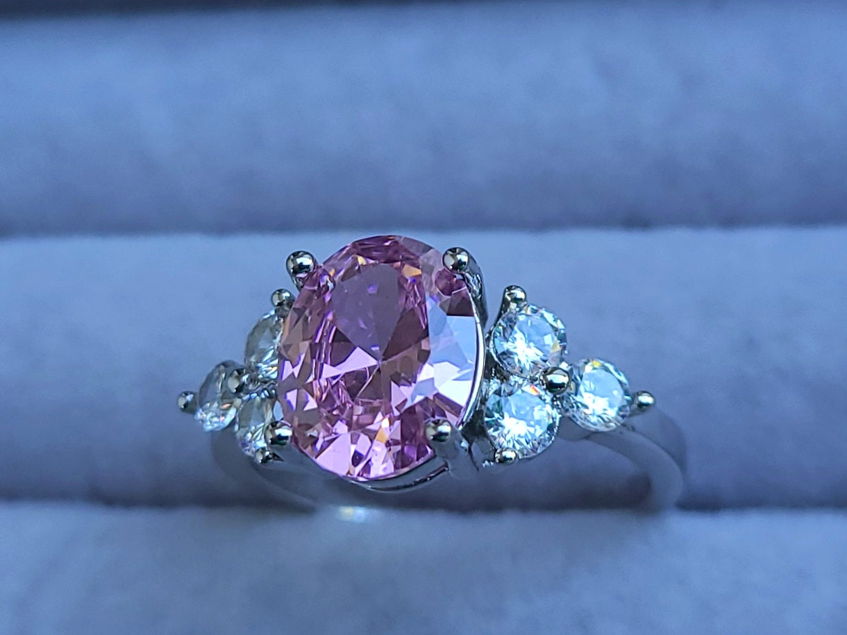 Pink Oval Sapphire Sterling Silver Plated Ladies Ring- Sizes 7, 8, 9