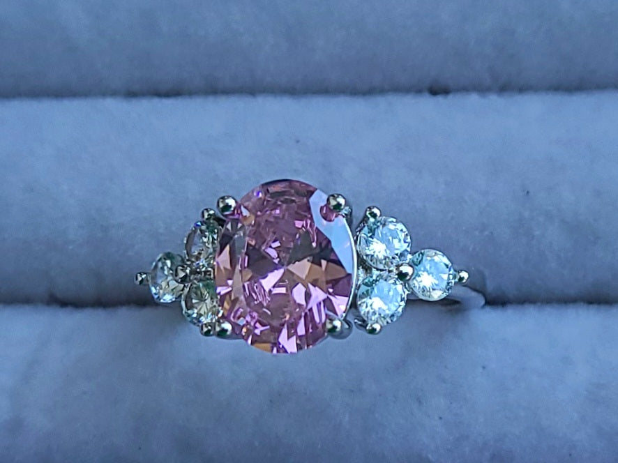 Pink Oval Sapphire Sterling Silver Plated Ladies Ring- Sizes 7, 8, 9