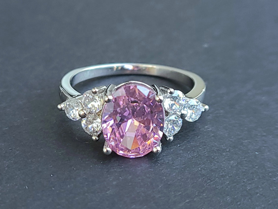 Pink Oval Sapphire Sterling Silver Plated Ladies Ring- Sizes 7, 8, 9