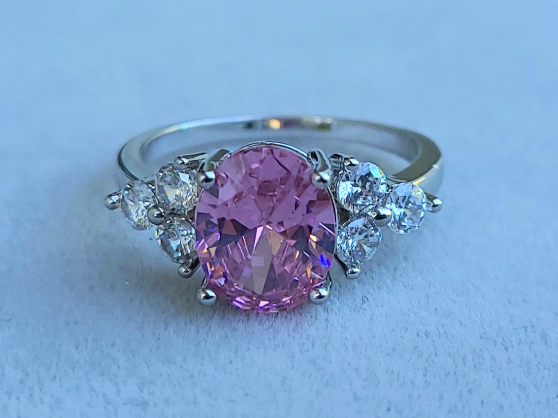 Pink Oval Sapphire Sterling Silver Plated Ladies Ring- Sizes 7, 8, 9