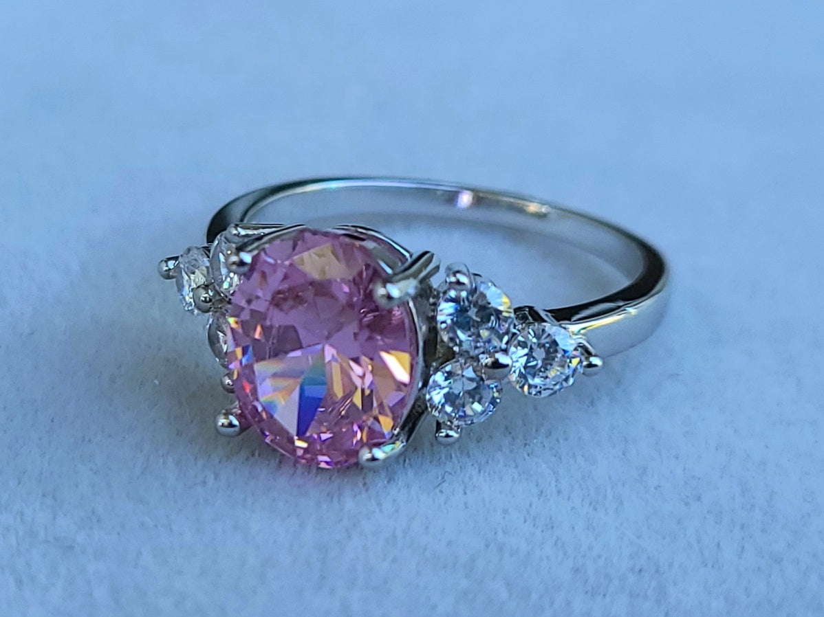 Pink Oval Sapphire Sterling Silver Plated Ladies Ring- Sizes 7, 8, 9