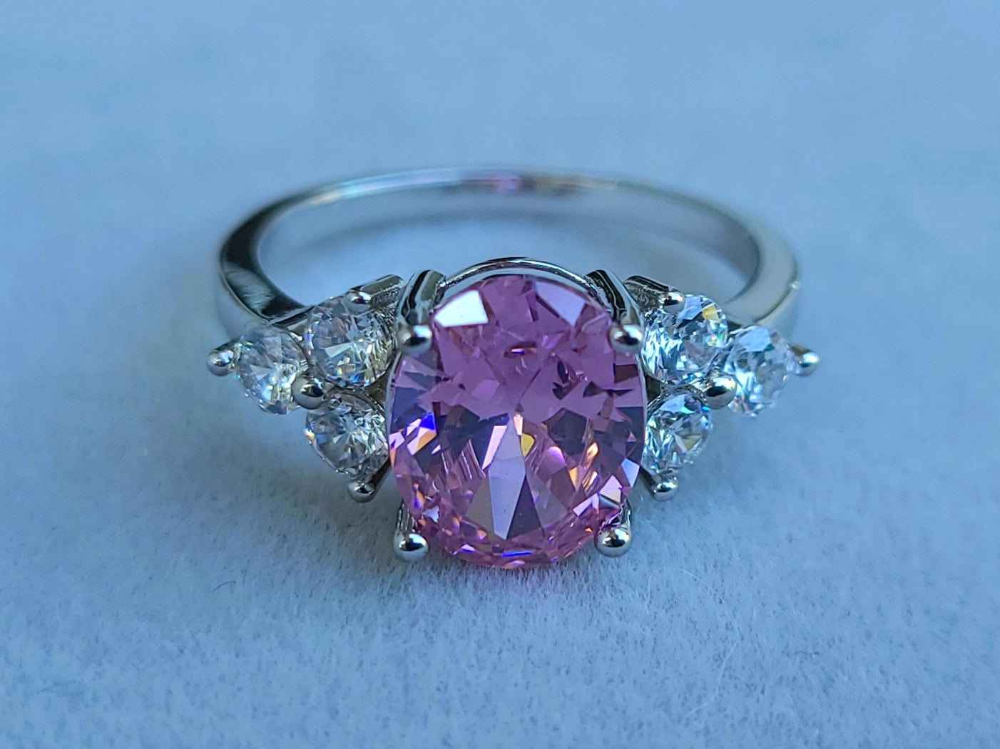 Pink Oval Sapphire Sterling Silver Plated Ladies Ring- Sizes 7, 8, 9