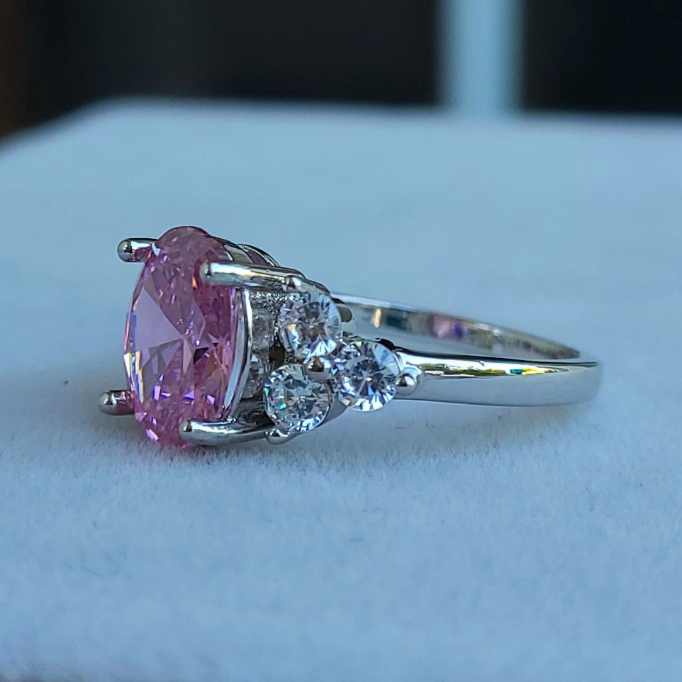 Pink Oval Sapphire Sterling Silver Plated Ladies Ring- Sizes 7, 8, 9