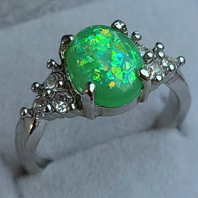 Green Opal Oval Sterling Silver Plated Ladies Ring- Sizes 6.25, 7, 9, 9.5