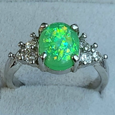 Green Opal Oval Sterling Silver Plated Ladies Ring- Sizes 6.25, 7, 9, 9.5