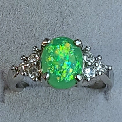 Green Opal Oval Sterling Silver Plated Ladies Ring- Sizes 6.25, 7, 9, 9.5