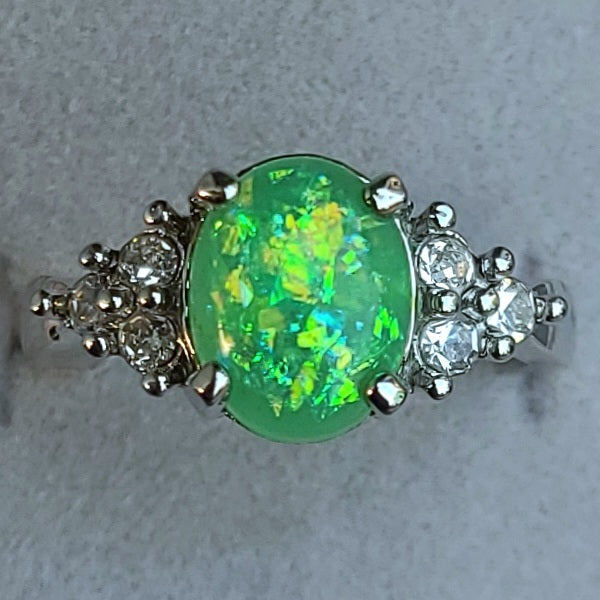 Green Opal Oval Sterling Silver Plated Ladies Ring- Sizes 6.25, 7, 9, 9.5