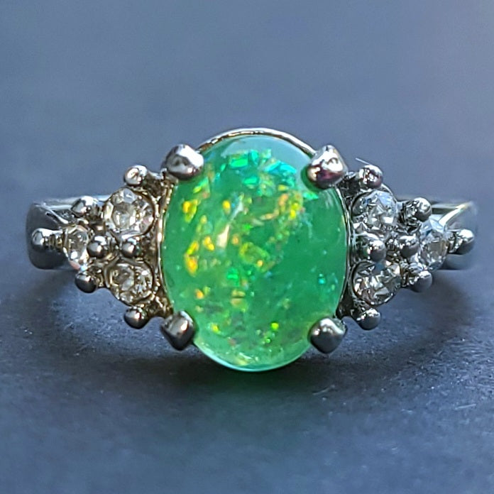 Green Opal Oval Sterling Silver Plated Ladies Ring- Sizes 6.25, 7, 9, 9.5