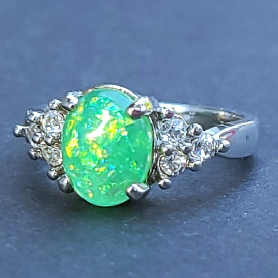 Green Opal Oval Sterling Silver Plated Ladies Ring- Sizes 6.25, 7, 9, 9.5