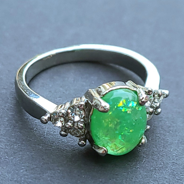 Green Opal Oval Sterling Silver Plated Ladies Ring- Sizes 6.25, 7, 9, 9.5