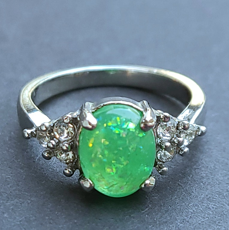 Green Opal Oval Sterling Silver Plated Ladies Ring- Sizes 6.25, 7, 9, 9.5