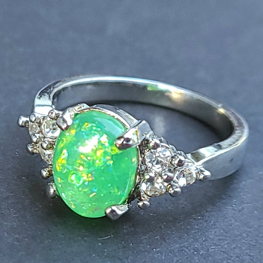 Green Opal Oval Sterling Silver Plated Ladies Ring- Sizes 6.25, 7, 9, 9.5