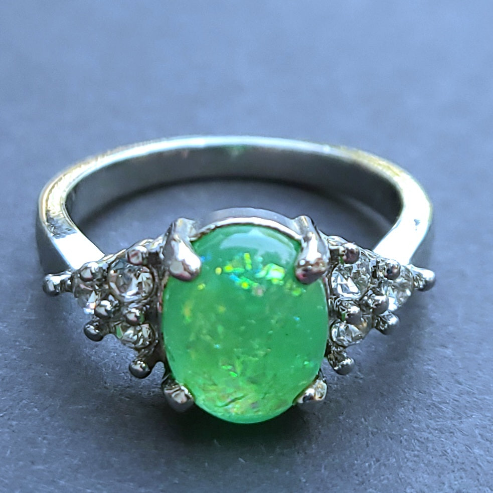 Green Opal Oval Sterling Silver Plated Ladies Ring- Sizes 6.25, 7, 9, 9.5