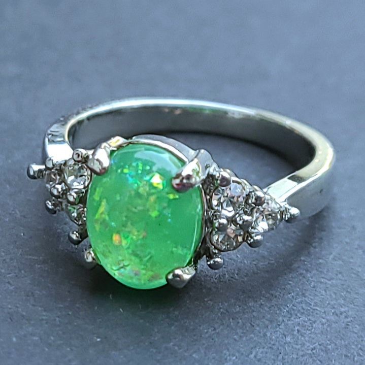 Green Opal Oval Sterling Silver Plated Ladies Ring- Sizes 6.25, 7, 9, 9.5