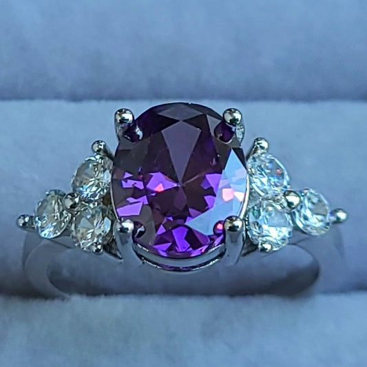 Purple Oval Amethyst Sterling Silver Plated Ladies Ring- Sizes 6, 7 or 7.25