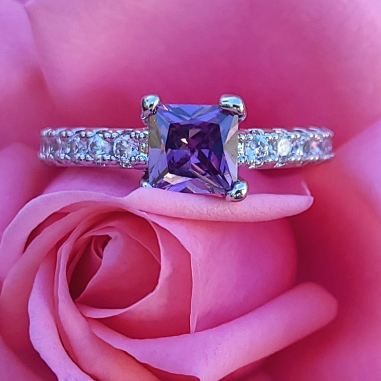 Purple Square Amethyst Sterling Silver Plated Ladies Ring- Sizes 6, 7, 7.75, 8, 8.5, 9.5
