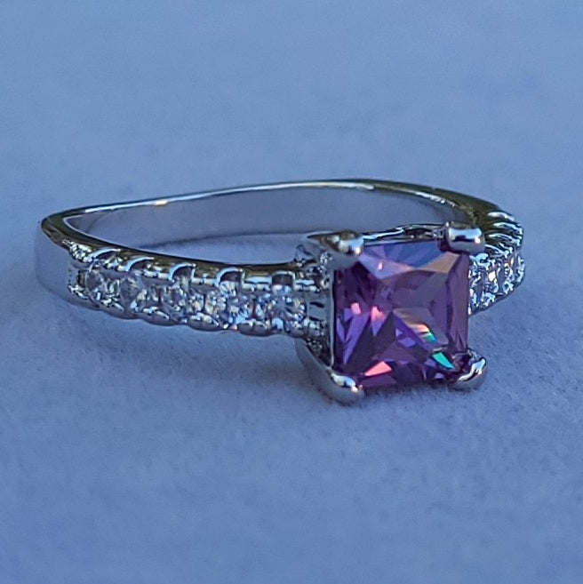 Purple Square Amethyst Sterling Silver Plated Ladies Ring- Sizes 6, 7, 7.75, 8, 8.5, 9.5