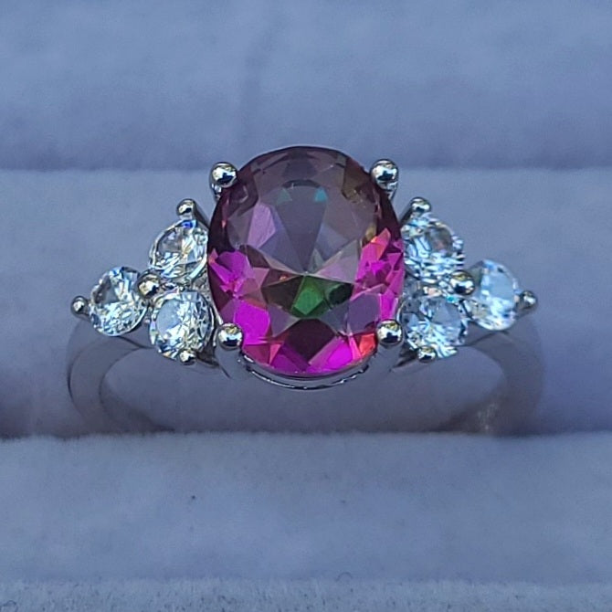 Oval Mystic Topaz Sterling Silver Plated Ladies Ring- Sizes 6 or 7