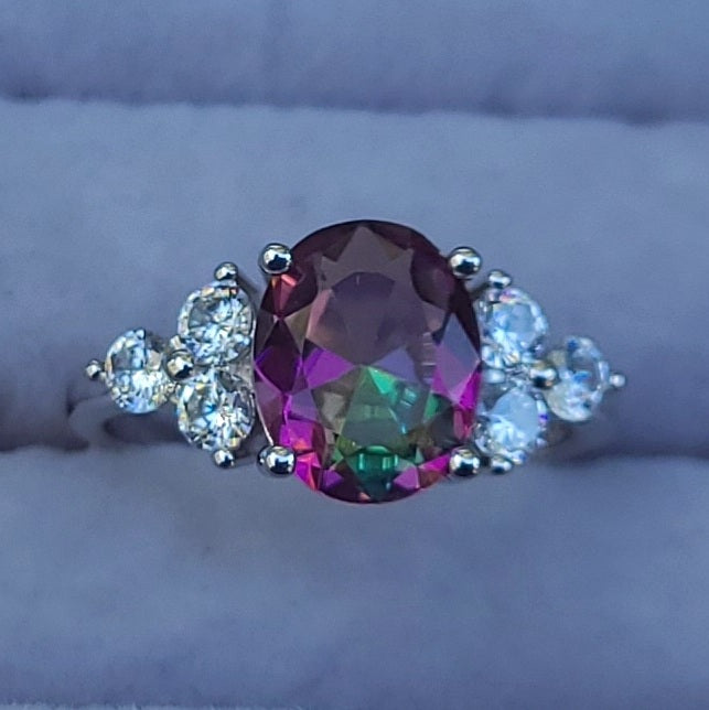 Oval Mystic Topaz Sterling Silver Plated Ladies Ring- Sizes 6 or 7