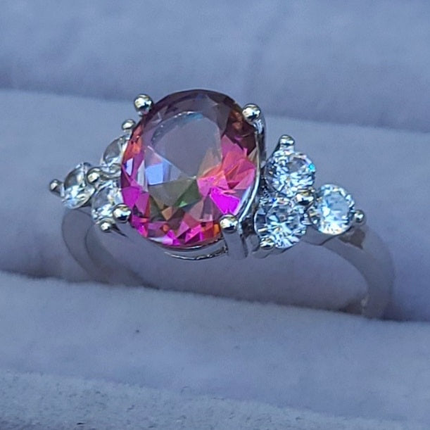 Oval Mystic Topaz Sterling Silver Plated Ladies Ring- Sizes 6 or 7