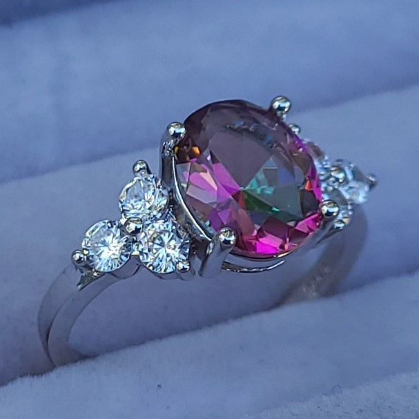 Oval Mystic Topaz Sterling Silver Plated Ladies Ring- Sizes 6 or 7