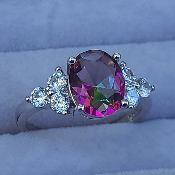 Oval Mystic Topaz Sterling Silver Plated Ladies Ring- Sizes 6 or 7