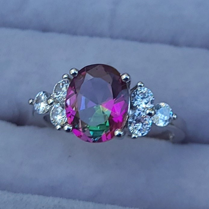 Oval Mystic Topaz Sterling Silver Plated Ladies Ring- Sizes 6 or 7